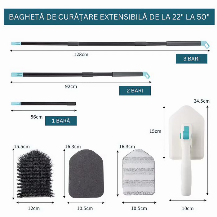 Set Perie Multifunctionala 3in1 VarioShop®, Multiple Utilizari, Maner Ergonomic, 2x Lavete Curatare, 1x Laveta Microfibra, 1x Perie Rigida, Rotire de 180°, Maner Lung Extensibil, 56cm-128cm, Alb [2]