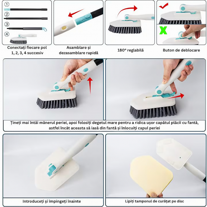 Set Perie Multifunctionala 3in1 VarioShop®, Multiple Utilizari, Maner Ergonomic, 2x Lavete Curatare, 1x Laveta Microfibra, 1x Perie Rigida, Rotire de 180°, Maner Lung Extensibil, 56cm-128cm, Alb [4]