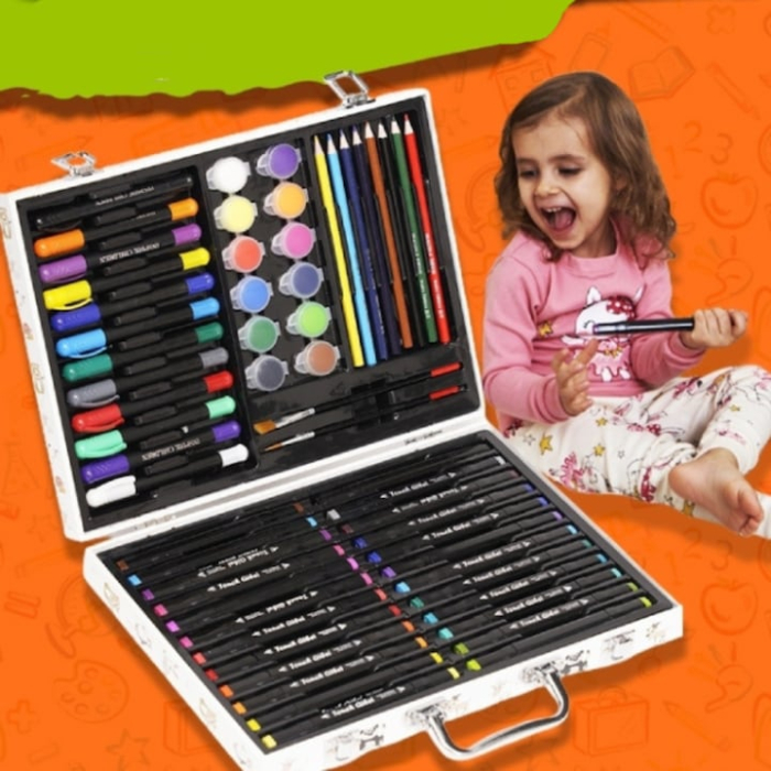 Set pictat si desen pentru copii VarioShop®, 66 piese, creioane, markere, pensule, geanta de depozitare din lemn, 35 x 27 cm, Multicolor [2]