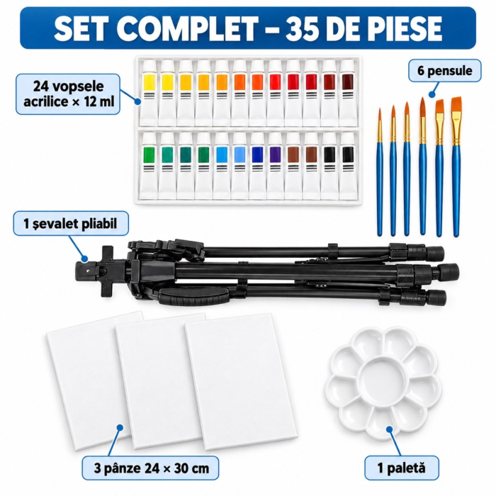 Set pictura 35 piese VarioShop®, cu sevalet reglabil, vopsele acrilice, 3 panze 24 x 30 cm, 6 pensule, multicolor [6]