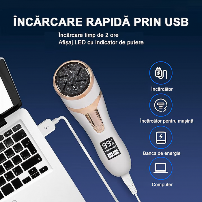 Set Pila electrica pentru talpi si calcaie, VarioShop®, display digital, acumulator 1200 mAh, 2 viteze, 2400 rot/min, 3 capete incluse, lanterna LED, incarcare USB, indepartare piele moarta, indeparta [3]