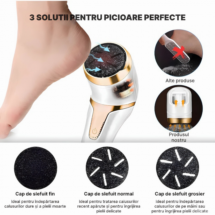 Set Pila electrica pentru talpi si calcaie, VarioShop®, display digital, acumulator 1200 mAh, 2 viteze, 2400 rot/min, 3 capete incluse, lanterna LED, incarcare USB, indepartare piele moarta, indeparta [2]