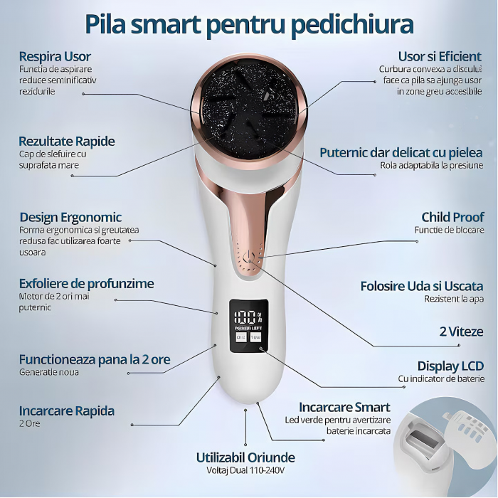 Set Pila electrica pentru talpi si calcaie, VarioShop®, display digital, acumulator 1200 mAh, 2 viteze, 2400 rot/min, 3 capete incluse, lanterna LED, incarcare USB, indepartare piele moarta, indeparta [10]