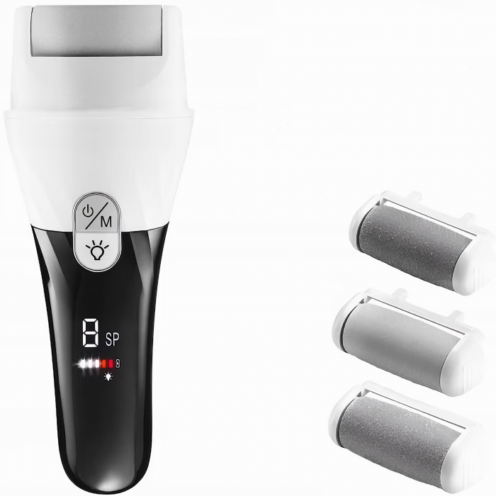 Set Pila electrica pentru talpi si calcaie, VarioShop®, indepartare piele moarta, indepartare calus, 3 capete incluse, display digital, acumulator 2000 mAh, 2 viteze, 2400 rot/min, LED lanterna, Alb / [7]