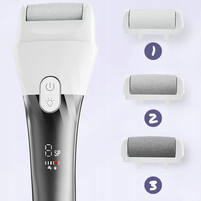 Set Pila electrica pentru talpi si calcaie, VarioShop®, indepartare piele moarta, indepartare calus, 3 capete incluse, display digital, acumulator 2000 mAh, 2 viteze, 2400 rot/min, LED lanterna, Alb / [6]