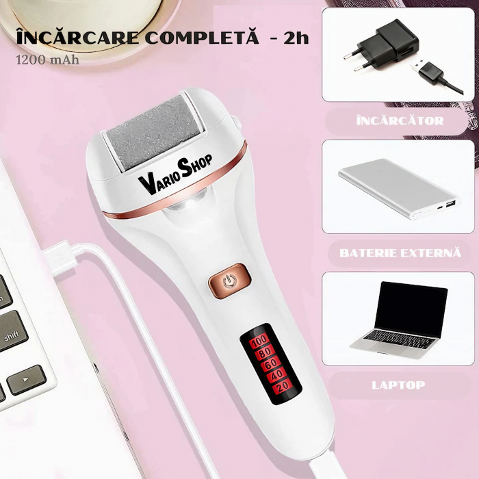 Set Pila electrica pentru talpi si calcaie VarioShop®, indepartare piele moarta, indepartare calus, 3 capete incluse, LED lanterna, 2 viteze, impermeabil, display digital, acumulator 1200 mAh, incarca [21]