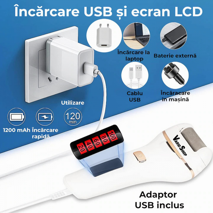 Set Pila electrica pentru talpi si calcaie VarioShop®, indepartare piele moarta, indepartare calus, 3 capete incluse, LED lanterna, 2 viteze, impermeabil, display digital, acumulator 1200 mAh, incarca [7]