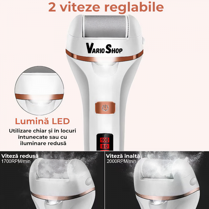 Set Pila electrica pentru talpi si calcaie VarioShop®, indepartare piele moarta, indepartare calus, 3 capete incluse, LED lanterna, 2 viteze, impermeabil, display digital, acumulator 1200 mAh, incarca [25]