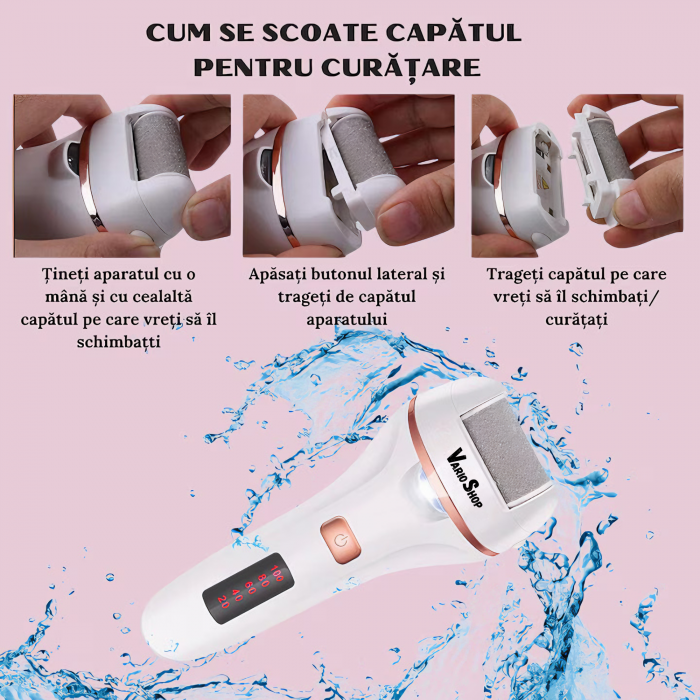 Set Pila electrica pentru talpi si calcaie VarioShop®, indepartare piele moarta, indepartare calus, 3 capete incluse, LED lanterna, 2 viteze, impermeabil, display digital, acumulator 1200 mAh, incarca [4]