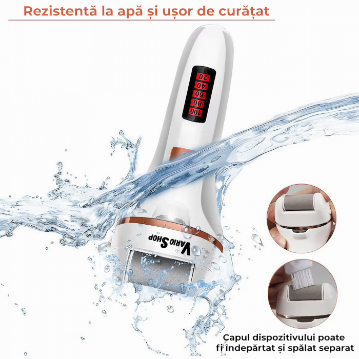 Set Pila electrica pentru talpi si calcaie VarioShop®, indepartare piele moarta, indepartare calus, 3 capete incluse, LED lanterna, 2 viteze, impermeabil, display digital, acumulator 1200 mAh, incarca [13]