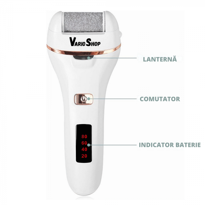 Set Pila electrica pentru talpi si calcaie VarioShop®, indepartare piele moarta, indepartare calus, 3 capete incluse, LED lanterna, 2 viteze, impermeabil, display digital, acumulator 1200 mAh, incarca [10]