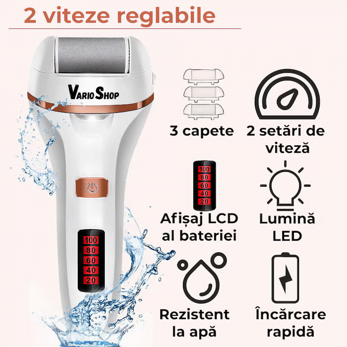 Set Pila electrica pentru talpi si calcaie VarioShop®, indepartare piele moarta, indepartare calus, 3 capete incluse, LED lanterna, 2 viteze, impermeabil, display digital, acumulator 1200 mAh, incarca [6]