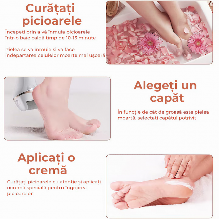 Set Pila electrica pentru talpi si calcaie VarioShop®, indepartare piele moarta, indepartare calus, 3 capete incluse, LED lanterna, 2 viteze, impermeabil, display digital, acumulator 1200 mAh, incarca [28]