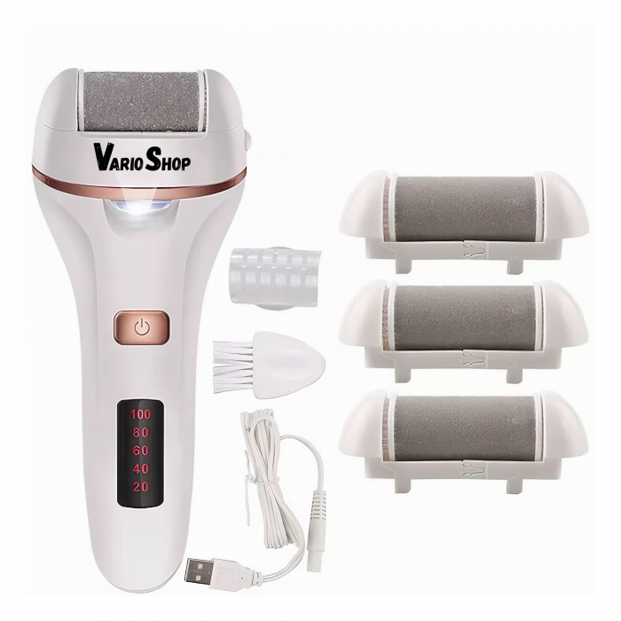 Set Pila electrica pentru talpi si calcaie VarioShop®, indepartare piele moarta, indepartare calus, 3 capete incluse, LED lanterna, 2 viteze, impermeabil, display digital, acumulator 1200 mAh, incarca [17]