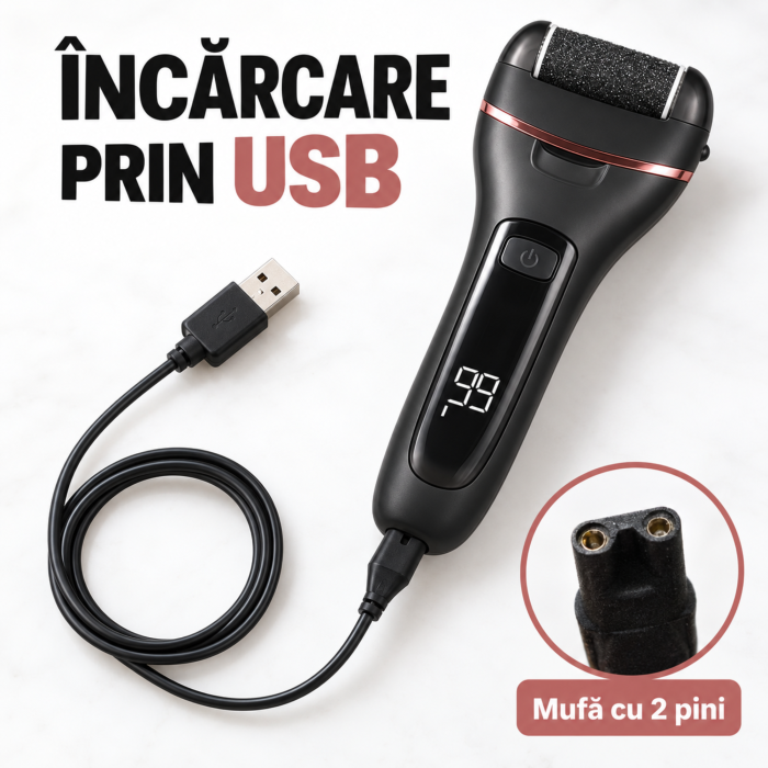 Set pila electrica VarioShop® pentru calcaie si talpi, cu accesorii pentru pedichiura, 3 capete abrazive, 2 viteze, incarcare USB, 16 x 6 cm, negru [7]