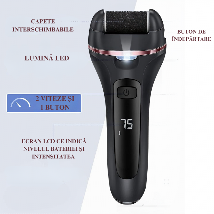 Set Pila Electrica VarioShop® Pentru Calcaie si Talpi, Include 6 Capete Detasabile si 7 Accesorii, Display Digital, Afisaj LED, Baterie pana la 3 ore, 2 Viteze, 2000 Rotatii/min, Incarcare USB, Negru [23]