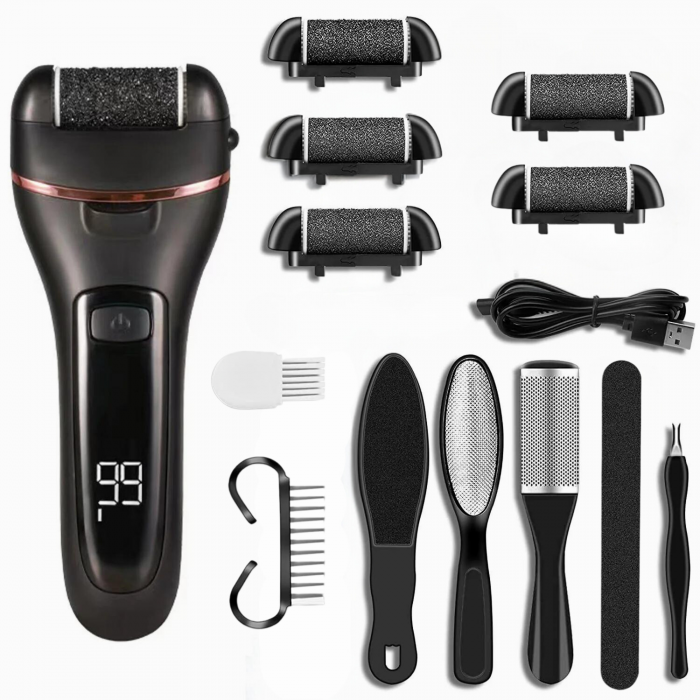 Set Pila Electrica VarioShop® Pentru Calcaie si Talpi, Include 6 Capete Detasabile si 7 Accesorii, Display Digital, Afisaj LED, Baterie pana la 3 ore, 2 Viteze, 2000 Rotatii/min, Incarcare USB, Negru [18]