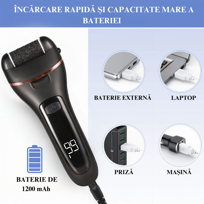 Set Pila Electrica VarioShop® Pentru Calcaie si Talpi, Include 6 Capete Detasabile si 7 Accesorii, Display Digital, Afisaj LED, Baterie pana la 3 ore, 2 Viteze, 2000 Rotatii/min, Incarcare USB, Negru [25]