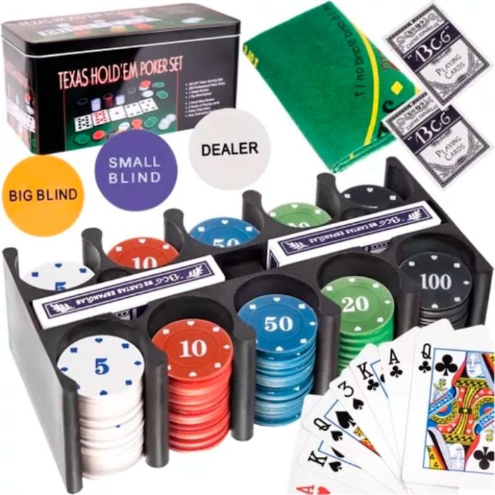 Set poker VarioShop, 200 de jetoane, covoras verde, 2 pachete de carti, cutie metalica, multicolor, 92x58cm [5]
