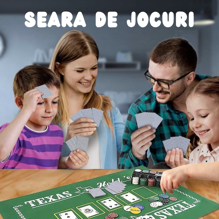 Set poker VarioShop, 200 de jetoane, covoras verde, 2 pachete de carti, cutie metalica, multicolor, 92x58cm [2]