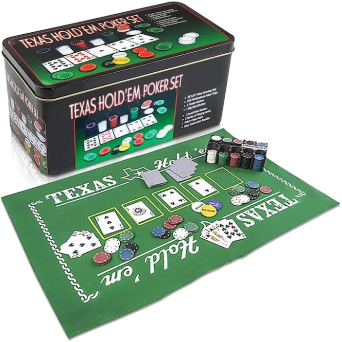 Set poker VarioShop, 200 de jetoane, covoras verde, 2 pachete de carti, cutie metalica, multicolor, 92x58cm [1]
