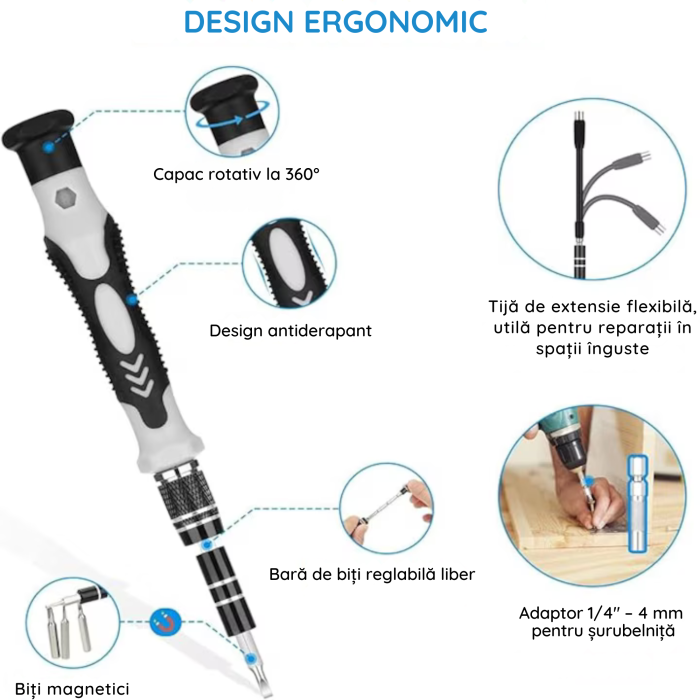 Set profesional de surubelnite de precizie 115 in 1 VarioShop®, cu biti magnetici, extensii flexibile si accesorii pentru reparatii telefoane, laptopuri, electronice si dispozitive GSM, Negru [8]