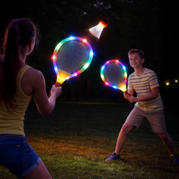 Set rachete badminton LED VarioShop®, 2 rachete luminoase cu fluturași, joc sportiv pentru copii, baterii incluse, 55 cm [2]