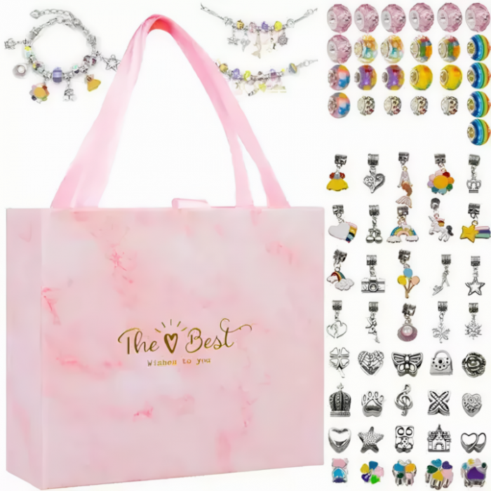 Set realizare bratari pentru copii VarioShop®, contine diverse bijuterii, pandantive si margele, 4 bratari, 70 piese, cutie depozitare inclusa, portabil, dezvolta abilitatile manuale, + 3 ani, multico [2]