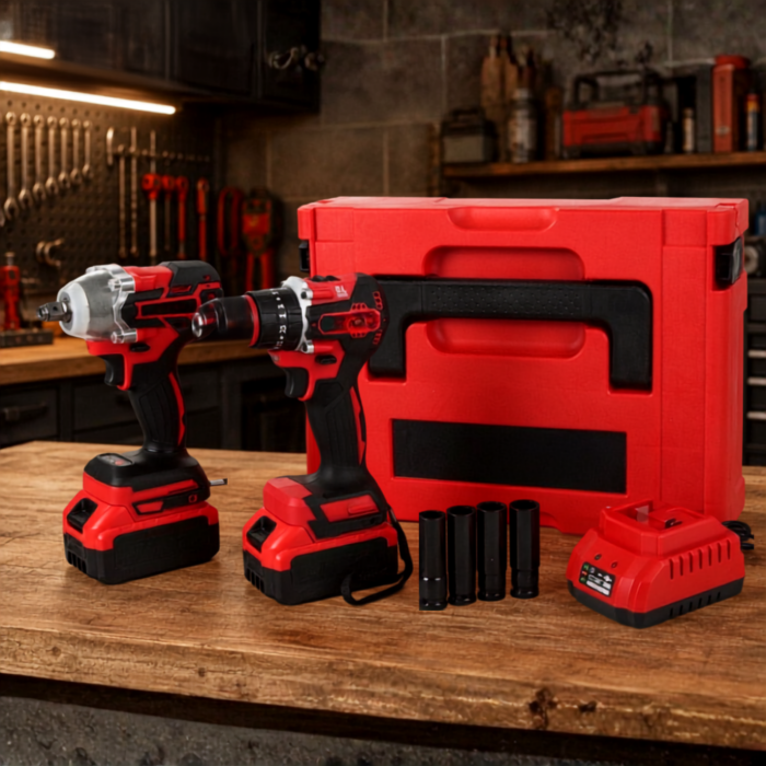 Set scule cu acumulator VarioShop®, masina de gaurit cu percutie si cheie de impact 350 Nm, 2 baterii 21V 3Ah, Brushless, geanta transport [8]