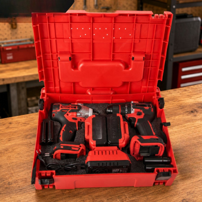 Set scule cu acumulator VarioShop®, masina de gaurit cu percutie si cheie de impact 350 Nm, 2 baterii 21V 3Ah, Brushless, geanta transport [12]