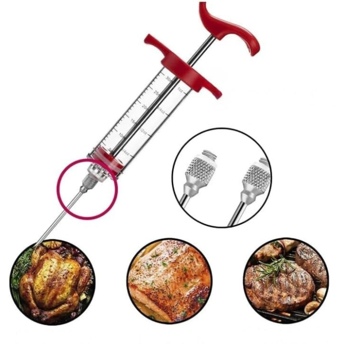 Set seringa marinare carne VarioShop®, 3 ace diferite, 30 ml, inox, 22 cm, Transparent / Rosu [5]