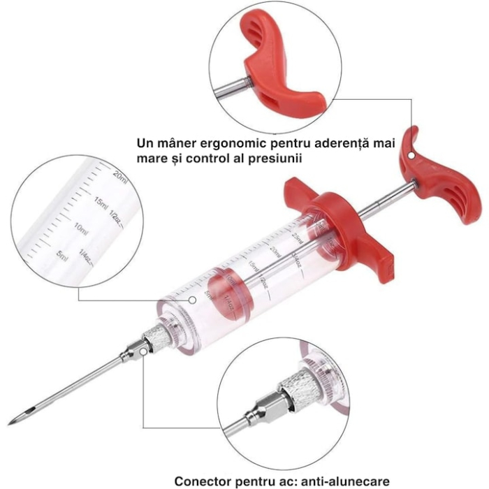 Set seringa marinare carne VarioShop®, 3 ace diferite, 30 ml, inox, 22 cm, Transparent / Rosu [3]