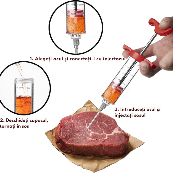 Set seringa marinare carne VarioShop®, 3 ace diferite, 30 ml, inox, 22 cm, Transparent / Rosu [6]