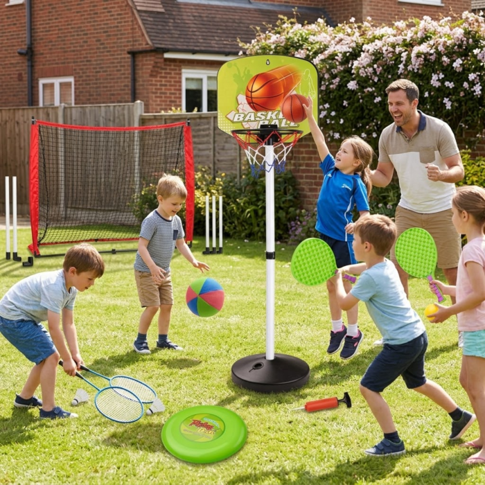 Set sportiv multifunctional pentru copii VarioShop®, baschet, tenis, badminton, volei, frisbee, plasa si cos baschet, accesorii complete pentru joaca activa [2]