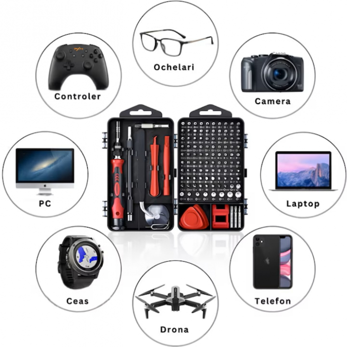 Set Surubelnite de Precizie 110 in 1 VarioShop®, 98 Biti, Ventuza, Penseta, Magnetizare, Maner Ergonomic, Carcasa Depozitare, pentru Electronice, Electrocasnice, Mobilier, Telefoane, Macbook, iMac, iP [10]