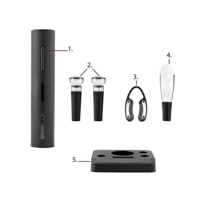 Set tirbuson electric pentru sticle de vin VarioShop®, cu taietor folie, 2 dopuri reutilizabile, suport inclus, usor de utilizat, negru, 23 x 4,8 cm [11]