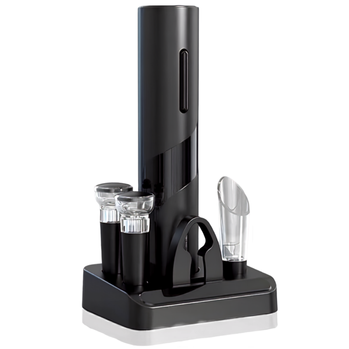 Set tirbuson electric pentru sticle de vin VarioShop®, cu taietor folie, 2 dopuri reutilizabile, suport inclus, usor de utilizat, negru, 23 x 4,8 cm [8]
