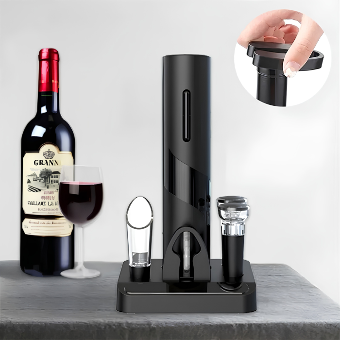 Set tirbuson electric pentru sticle de vin VarioShop®, cu taietor folie, 2 dopuri reutilizabile, suport inclus, usor de utilizat, negru, 23 x 4,8 cm [2]