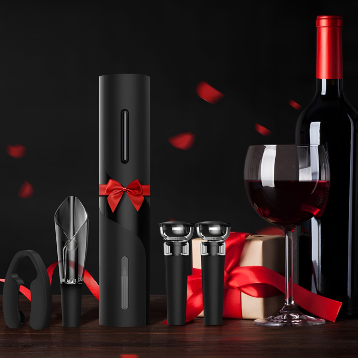 Set tirbuson electric pentru sticle de vin VarioShop®, cu taietor folie, 2 dopuri reutilizabile, suport inclus, usor de utilizat, negru, 23 x 4,8 cm [5]