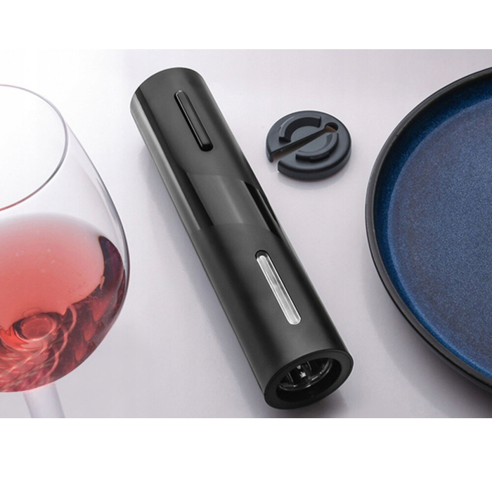 Set tirbuson electric pentru sticle de vin VarioShop®, cu taietor folie, 2 dopuri reutilizabile, suport inclus, usor de utilizat, negru, 23 x 4,8 cm [7]