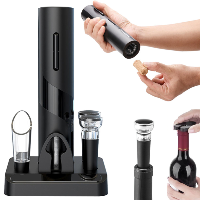 Set tirbuson electric pentru sticle de vin VarioShop®, cu taietor folie, 2 dopuri reutilizabile, suport inclus, usor de utilizat, negru, 23 x 4,8 cm [3]