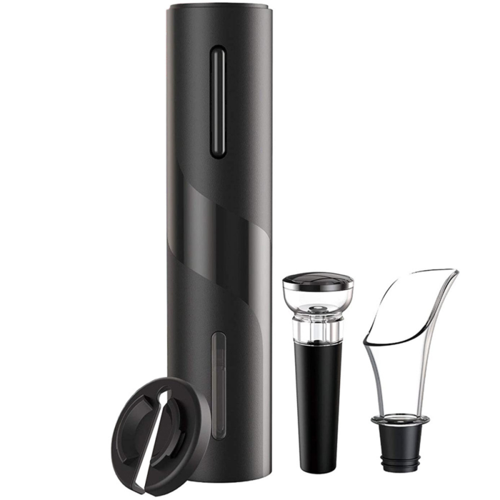Set tirbuson electric pentru sticle de vin VarioShop®, cu taietor folie, 2 dopuri reutilizabile, suport inclus, usor de utilizat, negru, 23 x 4,8 cm [10]