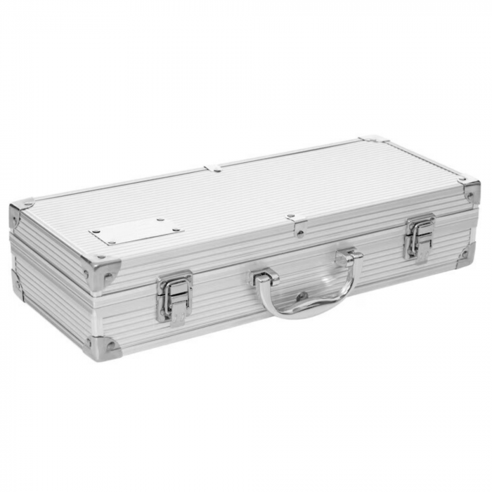 Set Ustensile Pentru Gratar VarioShop, 5 Accesorii Inox, Furculita, Spatula, Perie, Cleste, Perie de curatat gratarul, Cutia de Depozitare Din Aluminiu, 37 x 14 x 7 cm [14]