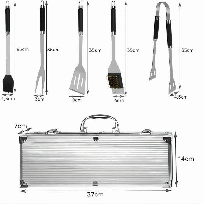 Set Ustensile Pentru Gratar VarioShop, 5 Accesorii Inox, Furculita, Spatula, Perie, Cleste, Perie de curatat gratarul, Cutia de Depozitare Din Aluminiu, 37 x 14 x 7 cm [2]