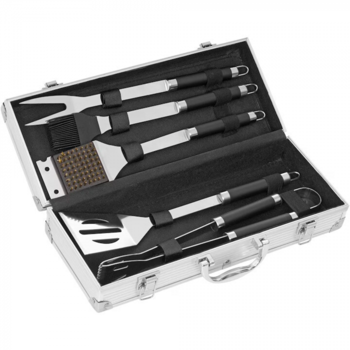 Set Ustensile Pentru Gratar VarioShop, 5 Accesorii Inox, Furculita, Spatula, Perie, Cleste, Perie de curatat gratarul, Cutia de Depozitare Din Aluminiu, 37 x 14 x 7 cm [9]