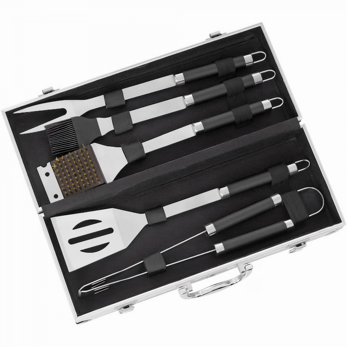 Set Ustensile Pentru Gratar VarioShop, 5 Accesorii Inox, Furculita, Spatula, Perie, Cleste, Perie de curatat gratarul, Cutia de Depozitare Din Aluminiu, 37 x 14 x 7 cm [4]