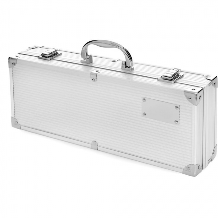 Set Ustensile Pentru Gratar VarioShop, 5 Accesorii Inox, Furculita, Spatula, Perie, Cleste, Perie de curatat gratarul, Cutia de Depozitare Din Aluminiu, 37 x 14 x 7 cm [16]