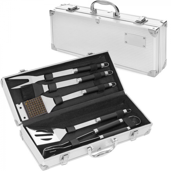 Set Ustensile Pentru Gratar VarioShop, 5 Accesorii Inox, Furculita, Spatula, Perie, Cleste, Perie de curatat gratarul, Cutia de Depozitare Din Aluminiu, 37 x 14 x 7 cm [3]