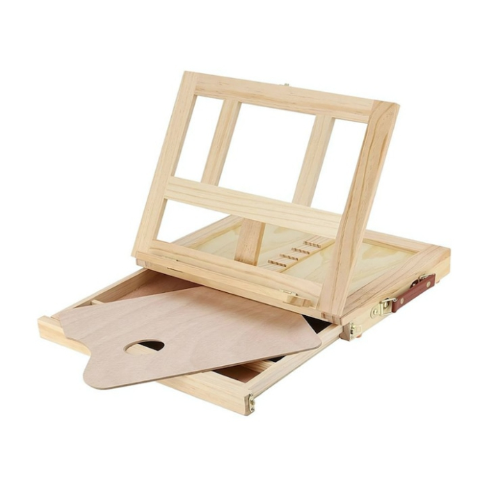 Sevalet de birou pliabil din lemn VarioShop®, cu 3 sertare si reglare inclinare, cutie portabila pentru pictura, compacta, cu maner, 34 x 26 cm, Crem [5]