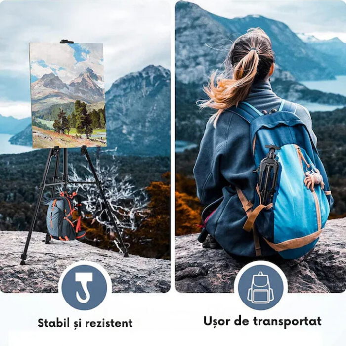 Sevalet metalic pentru pictura VarioShop®, trepied, pliabil, reglabil In 3 segmente, ajustabil pana la 160 cm inaltime, design antiderapant, cu geanta transport, usor de instalat, Negru [3]